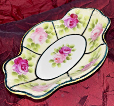 Antique Nippon Oval Scalloped Edge Dish Pink Floral with Gold Dots Black Trim picture