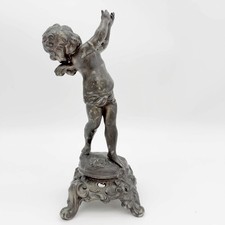 Antique French Spelter Cherub Putto Statue Ornate Rococo Base Belle Epoque 8.25