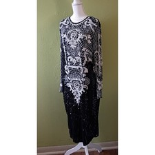 80's Vintage Art Deco Glamour Black White Beaded Gown Maxi Dress Womens M Medium picture