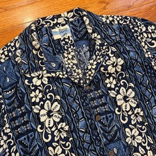 Vintage Hawaiian Shirt Co Mens Large Blue Floral Tribal Aloha Camp Barkcloth picture