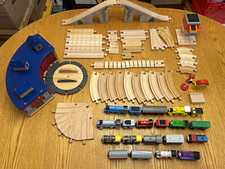 Large lot of Thomas wooden railway items with track, trains, roundhouse etc. picture