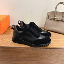 Hermes Bouncing Sneakers Black Calfskin Suede Men Low Top Lace Up Casual Shoes` picture