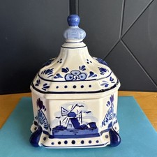 VTG Delft Blue Hand Painted Flowers & Windmills Porcelain 6 Sided Dish w/Lid picture