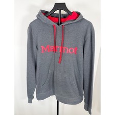 Marmot Mens Pullover Hoodie Charcoal Grey Red Logo Fleece Sweatshirt M E53640 picture