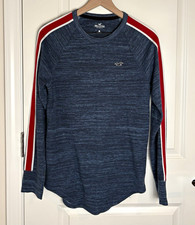 Hollister Men's Heathered Blue Crew Neck Long Sleeve T-Shirt Stripe size S/M picture