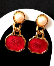 Free shipping vintage signed Monet dangle Earrings golden red faux pearl bijoux picture