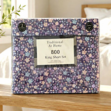 6pc Traditional At Home 800 King Sheet Set 100% Cotton Floral Deep Fitted Purple picture