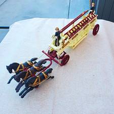 Vintage Cast Iron Horse Drawn Fire Wagon Hook & Ladder Truck 3 Black Horses Toy picture