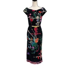 VTG 90s Leonard Paris Silk Abstract Floral Off Shoulder Dress Made in France picture
