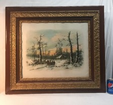 Vtg Antique ORNATE Frame 1895 Print A WINTER IN NEW ENGLAND Horse Sleigh picture