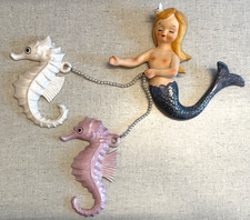 Vintage Lefton Ceramic Mermaid Holding Pearl Reins of 2 Seahorses Wall Plaques picture