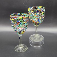 Set of 2 Mexican Confetti Wine Glass Goblets Hand Blown His & Hers 7.25