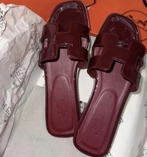 Hermès Women’s Oran Slide Sandals Burgundy Patent Leather EU 37 US 6-6.5 H Strap picture