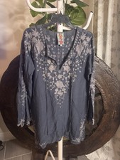 JOHNNY WAS Butterfly Embroidered Tunic Top Blue Grey M picture