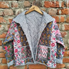 Indian Grey Quilted Patchwork Jacket Handmade Cotton Jacket Women's Clothing US picture