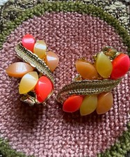 Vintage Thermoset Earrings Clip Ons Retro Pink Yellow and Peach Gold Tone picture