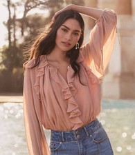 NWT Loft Chiffon Ruffle Tie Cuff Blouse in Dusty Rose - Size XS picture