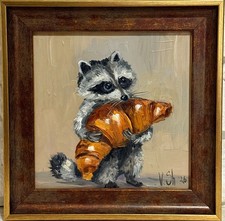 Raccoon with Croissant Original Oil Painting  Funny Animal Wall Art Framed picture