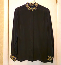 Notations Women's 12 Black Satin Long Sleeve Collared Geometric Button Blouse picture