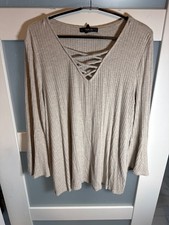 Style & Co Womens XL Taupe Ribbed Knit Top Crisscross V-Neckline            59-2 picture