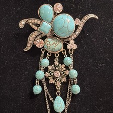 Chandelier Style Southwest Faux Turquoise Cabochons Rhinestone Pin Brooch 5 X 3 picture