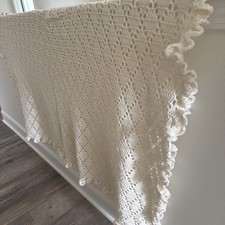 VTG Handmade Crocheted Afghan Blanket Cream Ivory Throw Cottage Boho 60x68