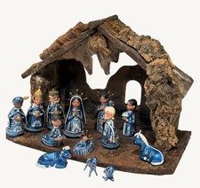 Vintage Tonalá-Style Mexican Folk Art Nativity–13 Clay Figures w/Rustic Creche picture