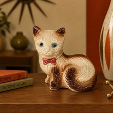 Vintage MCM Siamese Cat Figurine Blue Eyes Brazil Ceramic Kitsch Decor picture