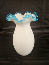 Vintage Fenton Aquamarine Crest Milk Glass Vase Ruffled Edge 10
