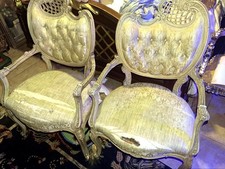 Pair Louis XV Style French Armchairs Fauteuils Carved Wood Tufted Damask picture