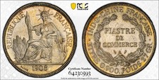 1908 French Indo China One Piastre Silver Coin PCGS AU58 RARE picture