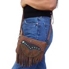 Montana West Turquoise Studed Purse Leather Fringe Crossbody Bag Brown picture