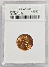 1958-D Lincoln Wheat Cent Penny ANACS MS66 RED BREEN-2225 High Grade Error Coin picture