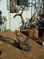 AMERICAN PRIMITIVE VERY FOLKY THREE HAND PAINTED BIRDS ON A BRANCH picture