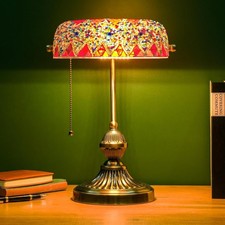 Vintage Turkish Mosaic Bankers Desk Lamp Handcrafted Colorful Shade picture