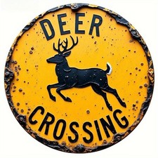 Vintage Deer Crossing Metal Sign Round Rustic Road Warning Wall Art Decoration picture