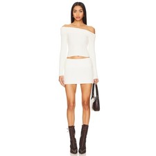 Superdown Ava Mod Retro Knit Ribbed Cozy Chic Cream Skirt Set Small NWT picture