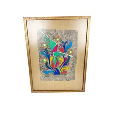 Vintage Mexican Amate Tree Bark Painting Framed Exoctic Bird Floral Folk Art picture