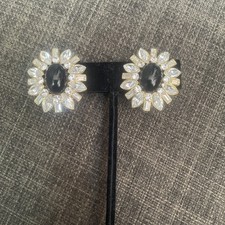 Vintage Signed MONET Clip EARRINGS Crystal Rhinestone & Black Cabochon H409c picture