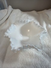 Fenton Mid Century Modern White Hobnail Milk Glass Ruffled Edge Lg Bowl 10.5” picture