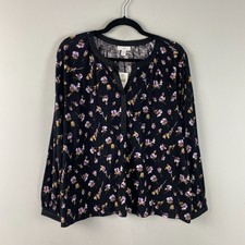 J. Jill Black Floral Popover Shirt Size Medium Petite Cotton Modal Split Neck picture