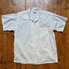 Vintage 1940s 50s Men's Ivory Shadow Stripe Camp Collar Sport Shirt Rockabilly M picture
