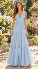 Lulus Large Leora Light Blue Plunging Chiffon Pleated Tiered Maxi Dress picture