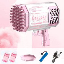 69 Holes Bubble Gun Bazooka Rocket Bubble Machine LED Rechargeable Kids Toy Pink picture