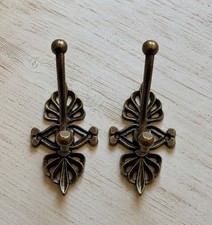 2 Vintage Antique Brass Baroque Style Double Wall Hook Gold 2-hook Coat Hanger picture