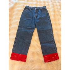 Baccini Vintage High Waisted Bandana Cuff Jeans Red Floral Contrast Stitch 6 picture