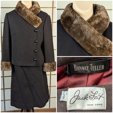 Vtg 1960s Jack Feit Bonwit Teller Wool Suit Mink Fur Collar Mad Men Classic S/M picture