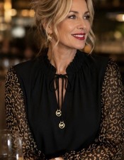 Michael Kors Ruffle Tie Neck Blouse Black Leopard Long Sleeve Medium NEW picture