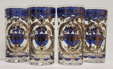 Georges Briard Neoclassic Laurel Leaf Urn Blue & 22K Gold Highball Glasses (4) picture