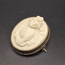 Antique Vict Victorian C-Clasp High Relief Lava Cameo Brooch Pin Beaded Silver F picture
